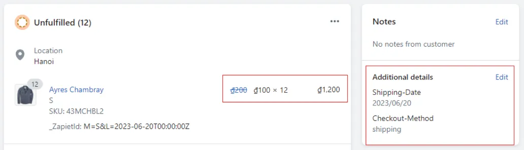 Order details with the Quantity Break price of 100 x 12 and Zapiet additional details for Shipping-Date and Checkout-Method