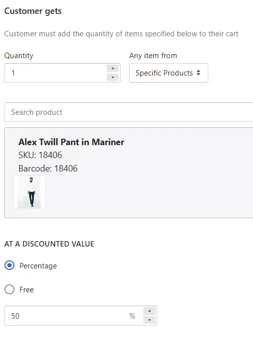 Customer gets section set to 1 Alex Twill Pant in Mariner at a 50% percentage discount