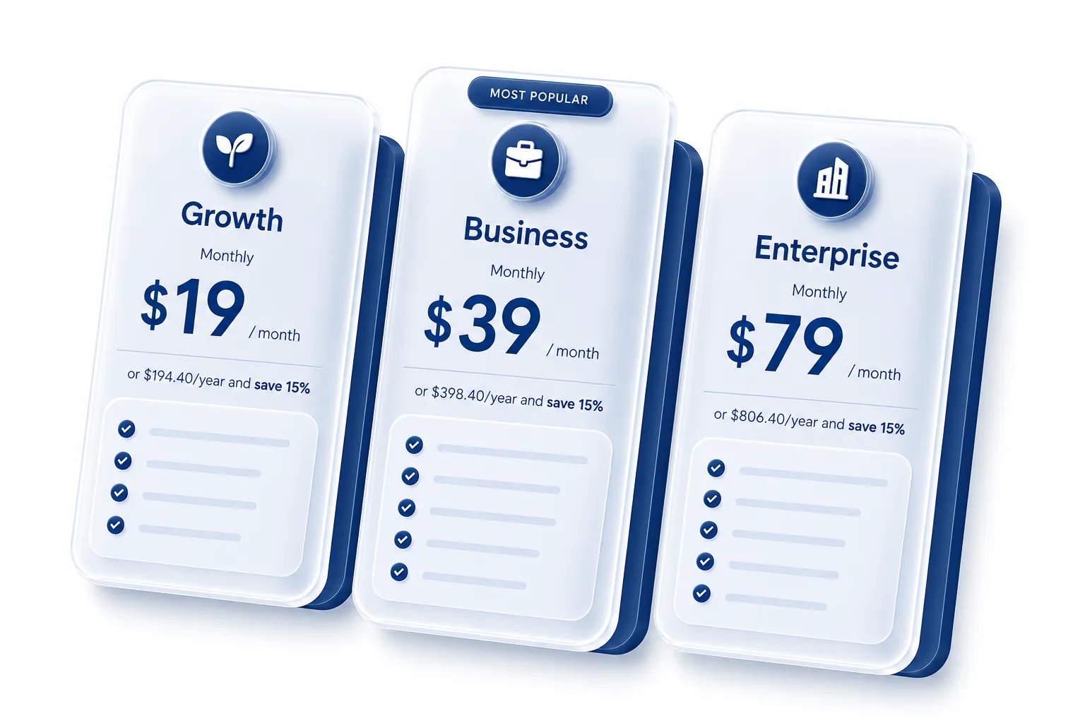 BSS B2B Quote pricing plans: Growth at $19, Business at $39 and Enterprise at $79 per month, with 15% savings on yearly billing