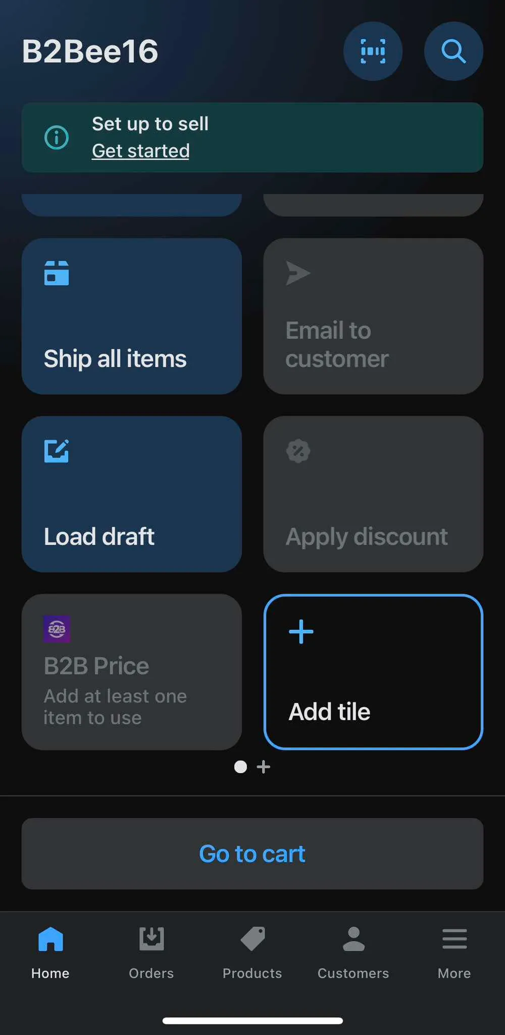 Shopify POS home screen on a phone showing the B2B Price tile with the hint Add at least one item to use