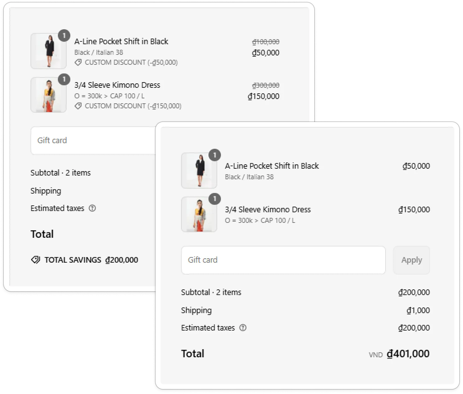 Checkout summaries compared: with the setting off, the original price is struck through beside a Custom Discount line; with it on, only the discounted price shows