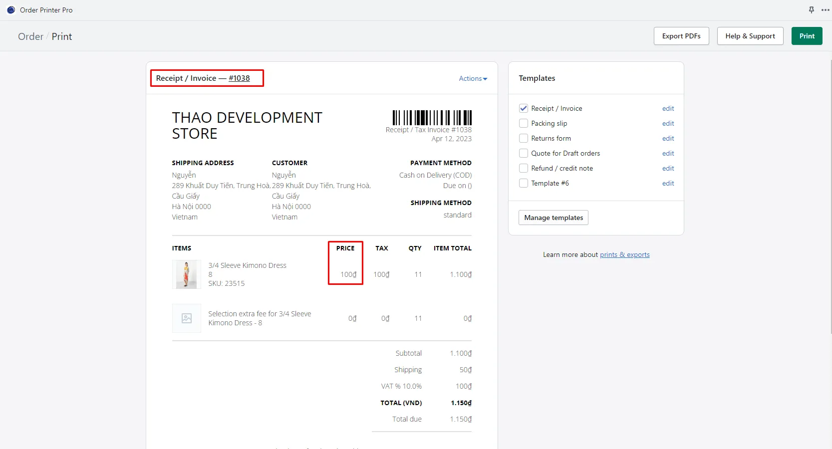 Order Printer Pro Receipt / Invoice for order #1038 showing the Quantity Break price of 100 for 11 Kimono Dresses