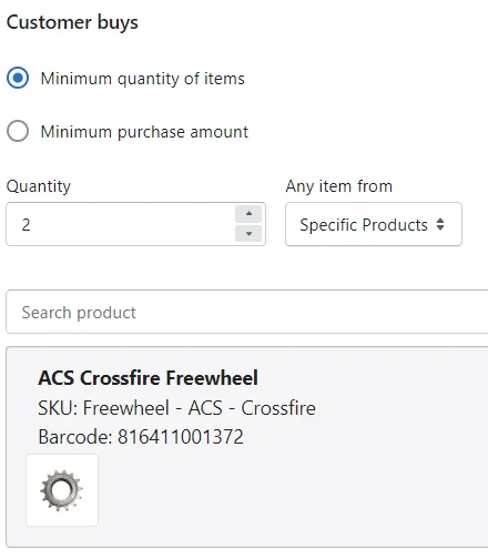 Customer buys section set to a minimum quantity of 2 items of a specific product, ACS Crossfire Freewheel