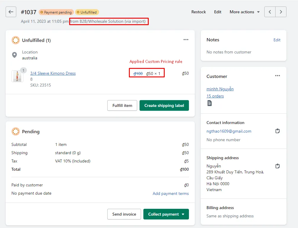 Shopify admin order #1037 from B2B/Wholesale Solution, with the applied Custom Pricing rule shown as 100 crossed out to 50