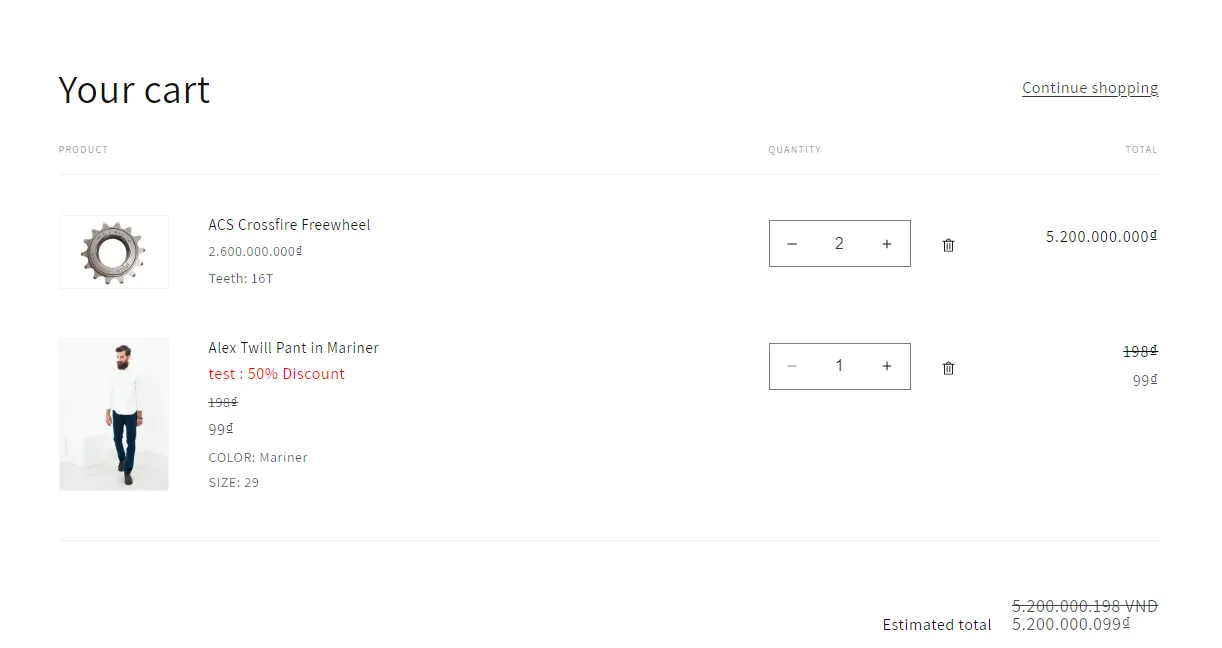 Cart page with 2 freewheels at full price and the pants reduced by 50%, with the discount label and updated estimated total