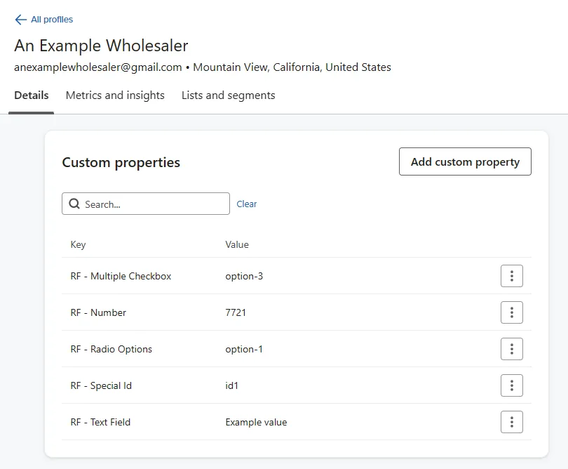 Klaviyo profile of an example wholesaler showing custom properties with RF prefixed keys taken from registration form fields