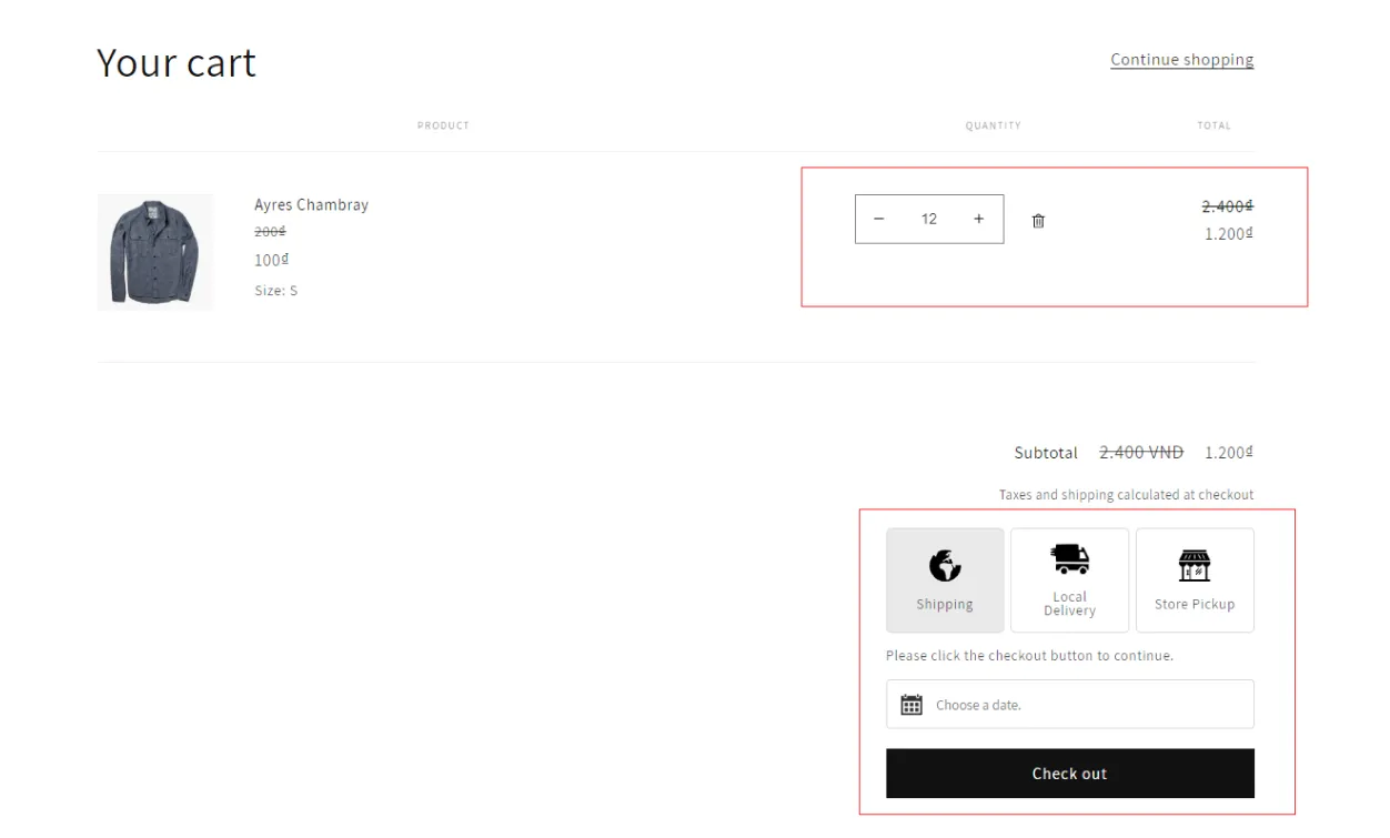 Cart page with 12 items discounted from 2.400 to 1.200 and Zapiet Shipping, Local Delivery and Store Pickup options