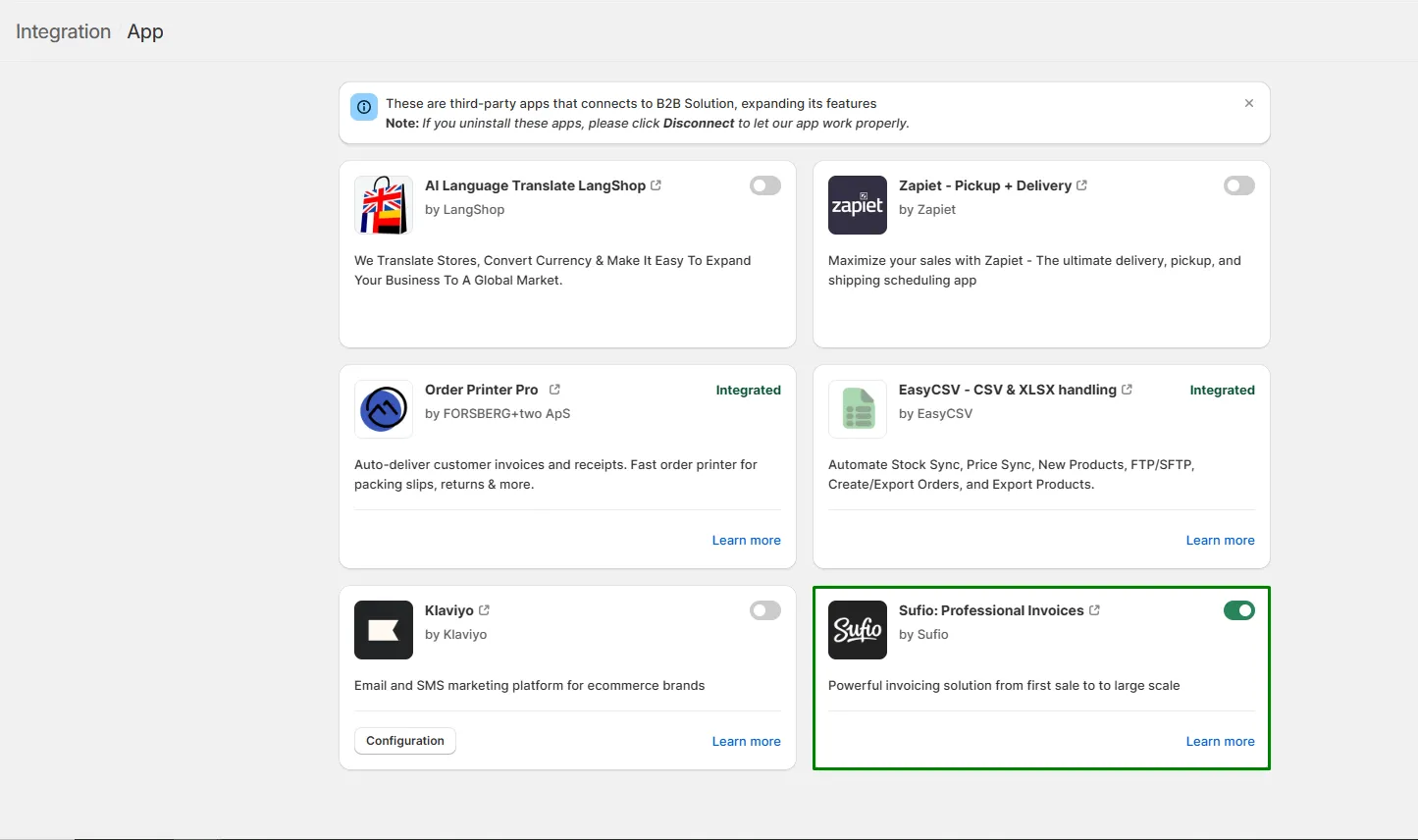 BSS B2B Solution App Integration tab with the Sufio: Professional Invoices card toggle turned on and highlighted