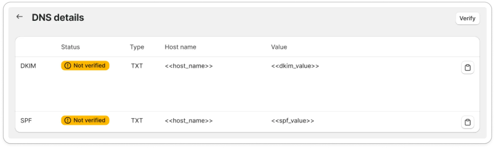 DNS details page listing the DKIM and SPF TXT records with host name, value, copy icons, Not verified status and a Verify button
