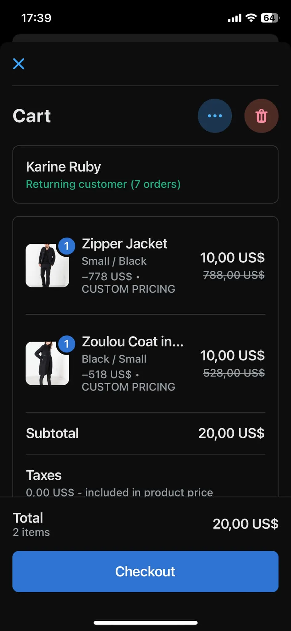 Shopify POS cart for a returning customer with two items discounted to 10.00 US$ each, labeled CUSTOM PRICING