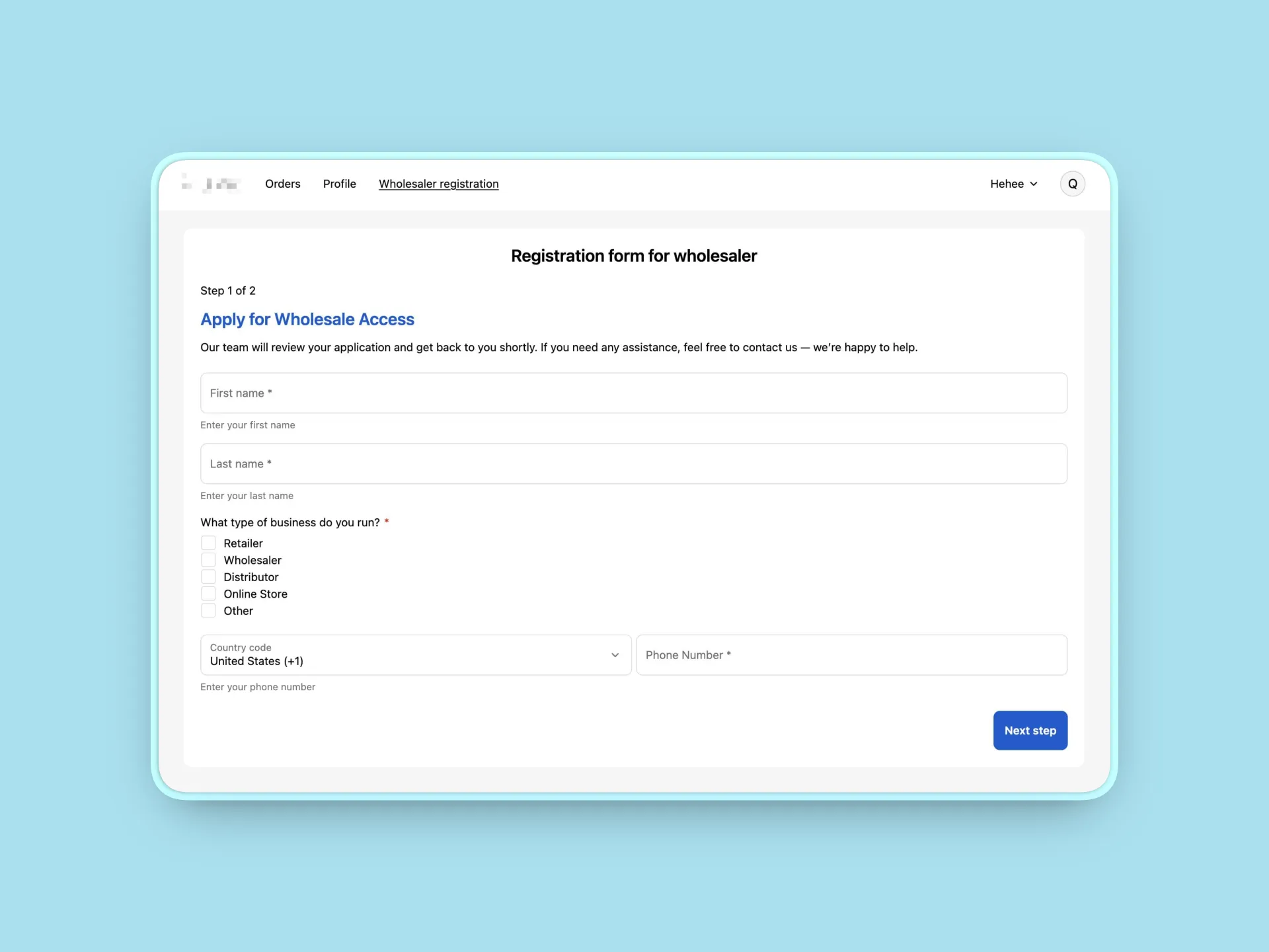 Multi-step Registration Form helps logged-in customers complete their wholesale application inside the customer account experience.