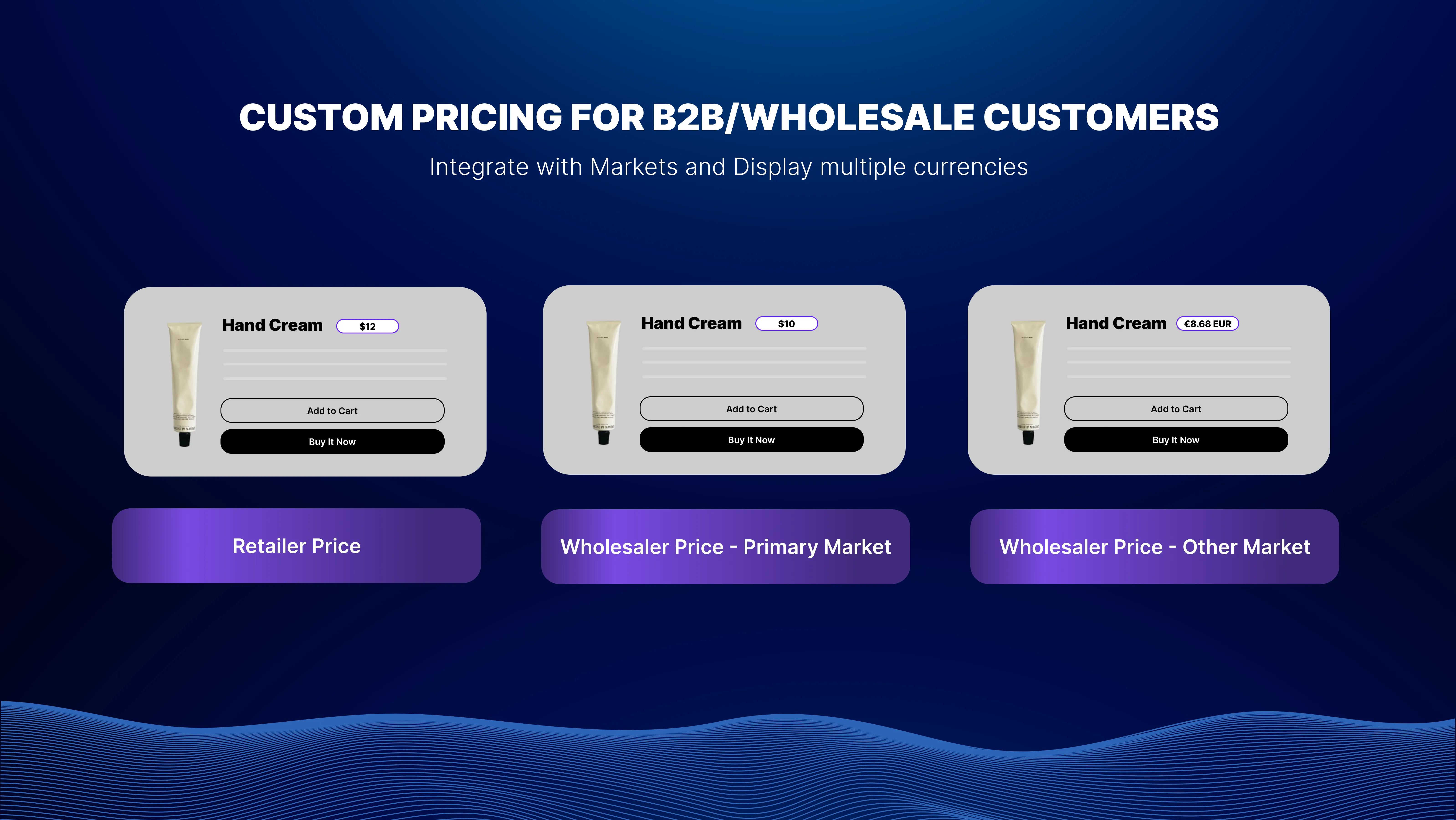 Custom Pricing banner: the same product shown at a retailer price, a lower wholesaler price in the primary market, and a wholesaler price in EUR for another market
