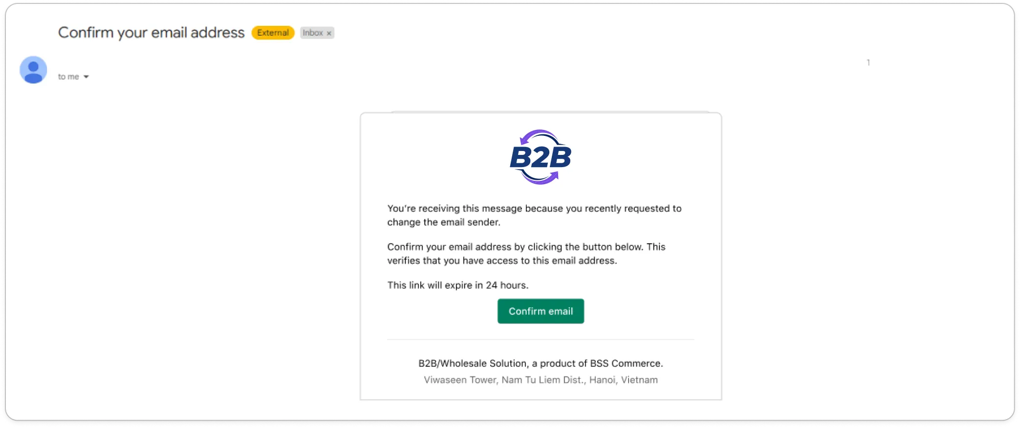 Confirm your email address message from BSS B2B Solution with a Confirm email button and a note that the link expires in 24 hours