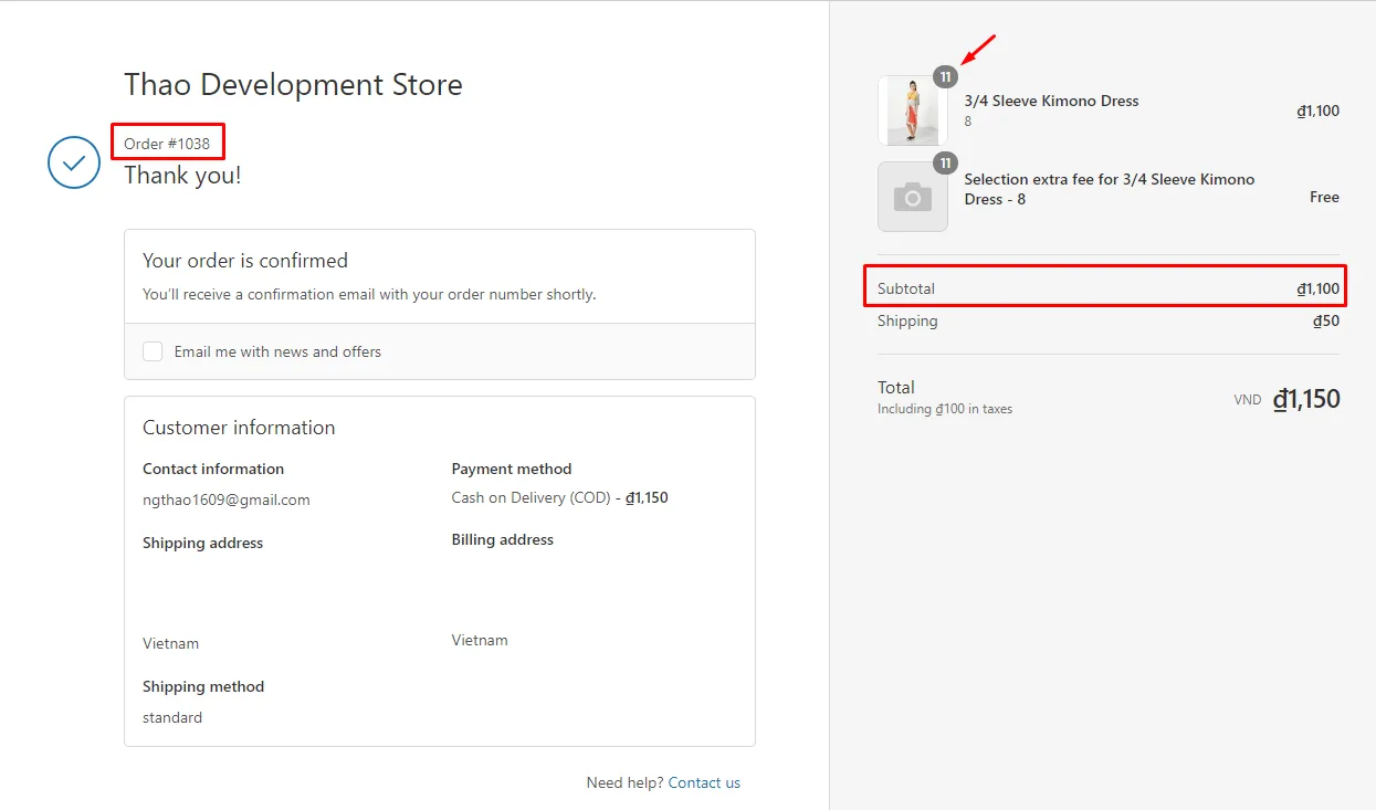 Order confirmation page for order #1038 with 11 Kimono Dresses and a subtotal of 1,100
