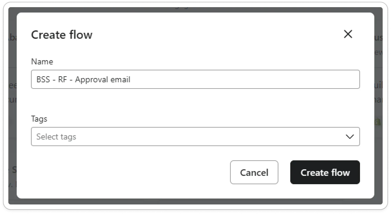Klaviyo Create flow dialog with a flow name entered and the Create flow button
