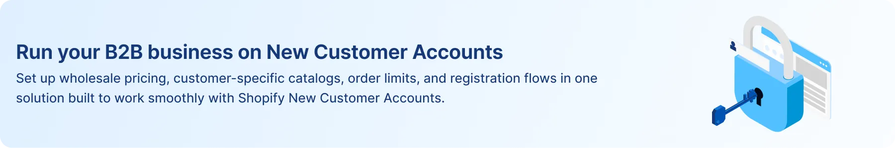Banner reading Run your B2B business on New Customer Accounts, listing wholesale pricing, customer-specific catalogs, order limits and registration flows