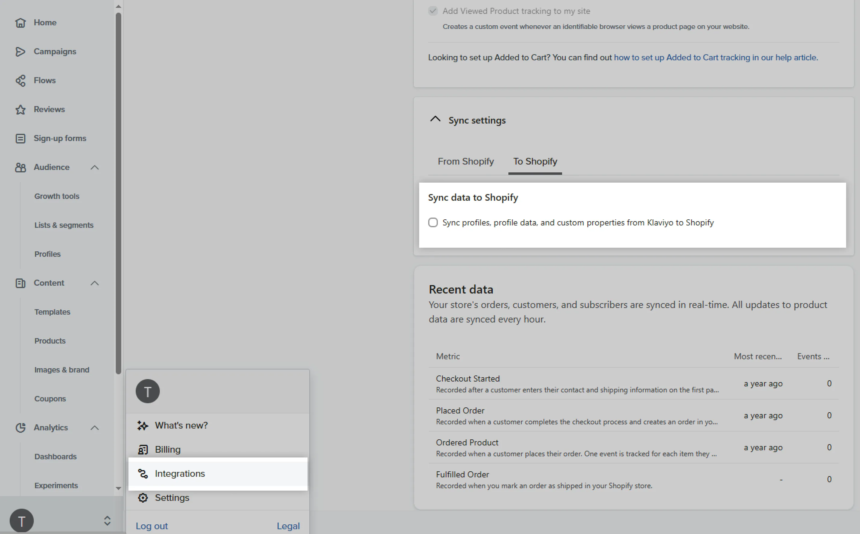 Klaviyo account menu with Integrations highlighted and the Shopify sync settings To Shopify tab with the sync profiles checkbox cleared