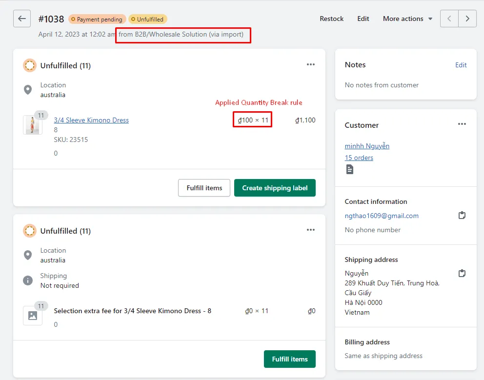 Shopify admin order #1038 from B2B/Wholesale Solution, with the applied Quantity Break rule shown as 100 x 11