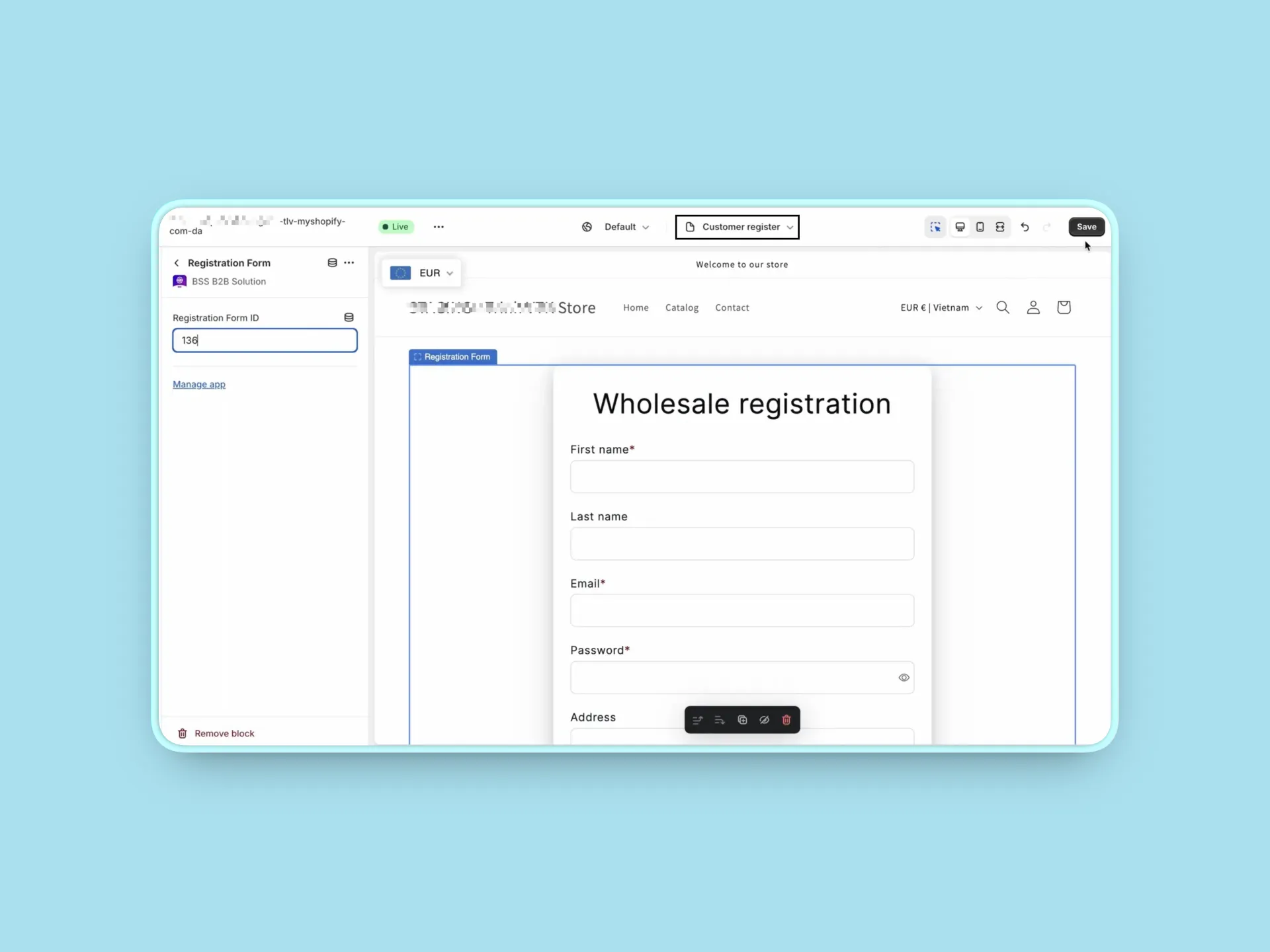 If /account/register no longer fits your New Customer Accounts setup, move the Wholesale Registration Form to a dedicated page and link it from your storefront menu.