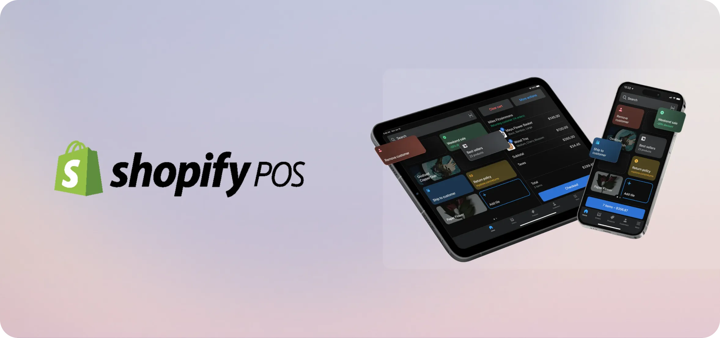 Shopify POS logo beside a tablet and a phone running the Shopify POS app with smart grid tiles