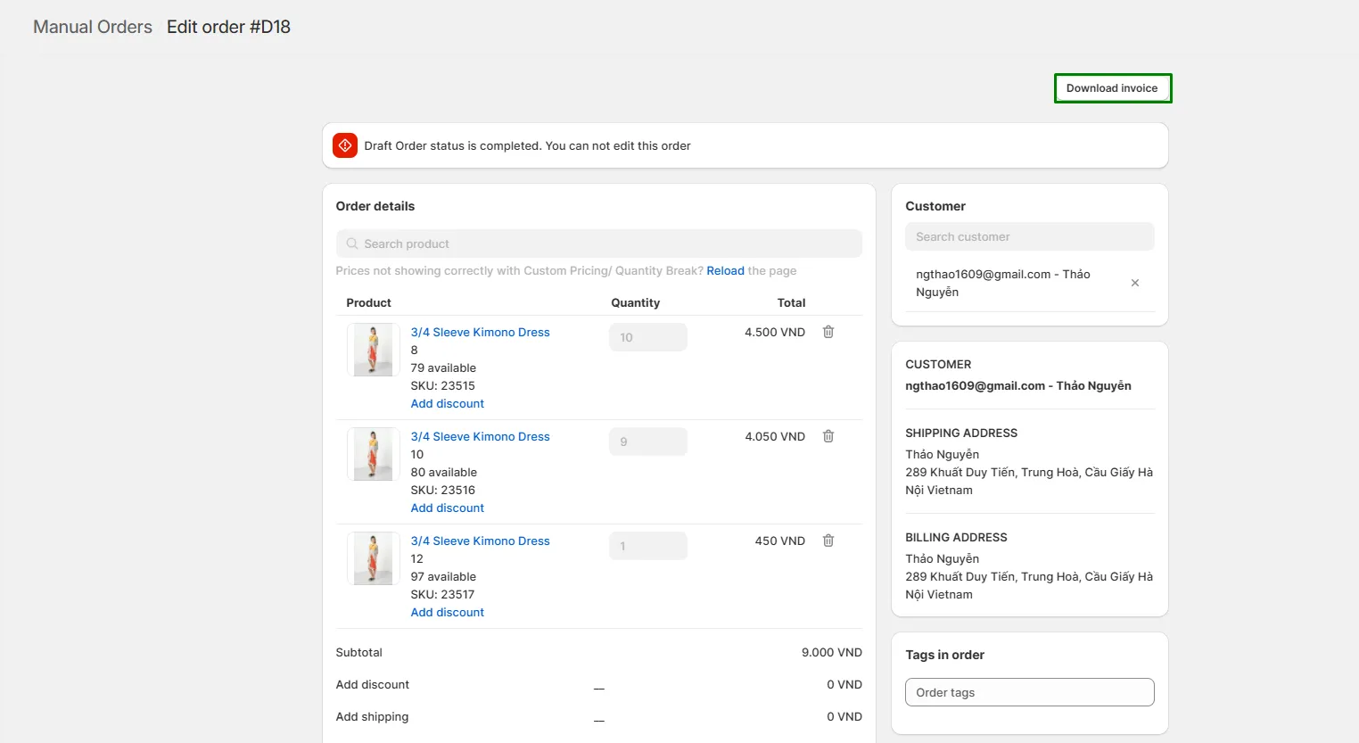 Completed manual order detail page in BSS B2B Solution with the Download invoice button highlighted at the top right