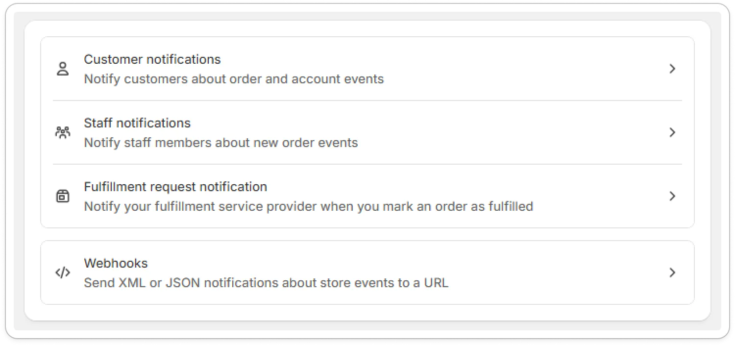 Shopify Admin Notifications settings listing Customer notifications, Staff notifications, Fulfillment request notification and Webhooks