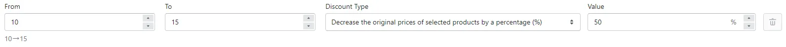 Quantity Break tier from 10 to 15 that decreases the original price of selected products by 50%