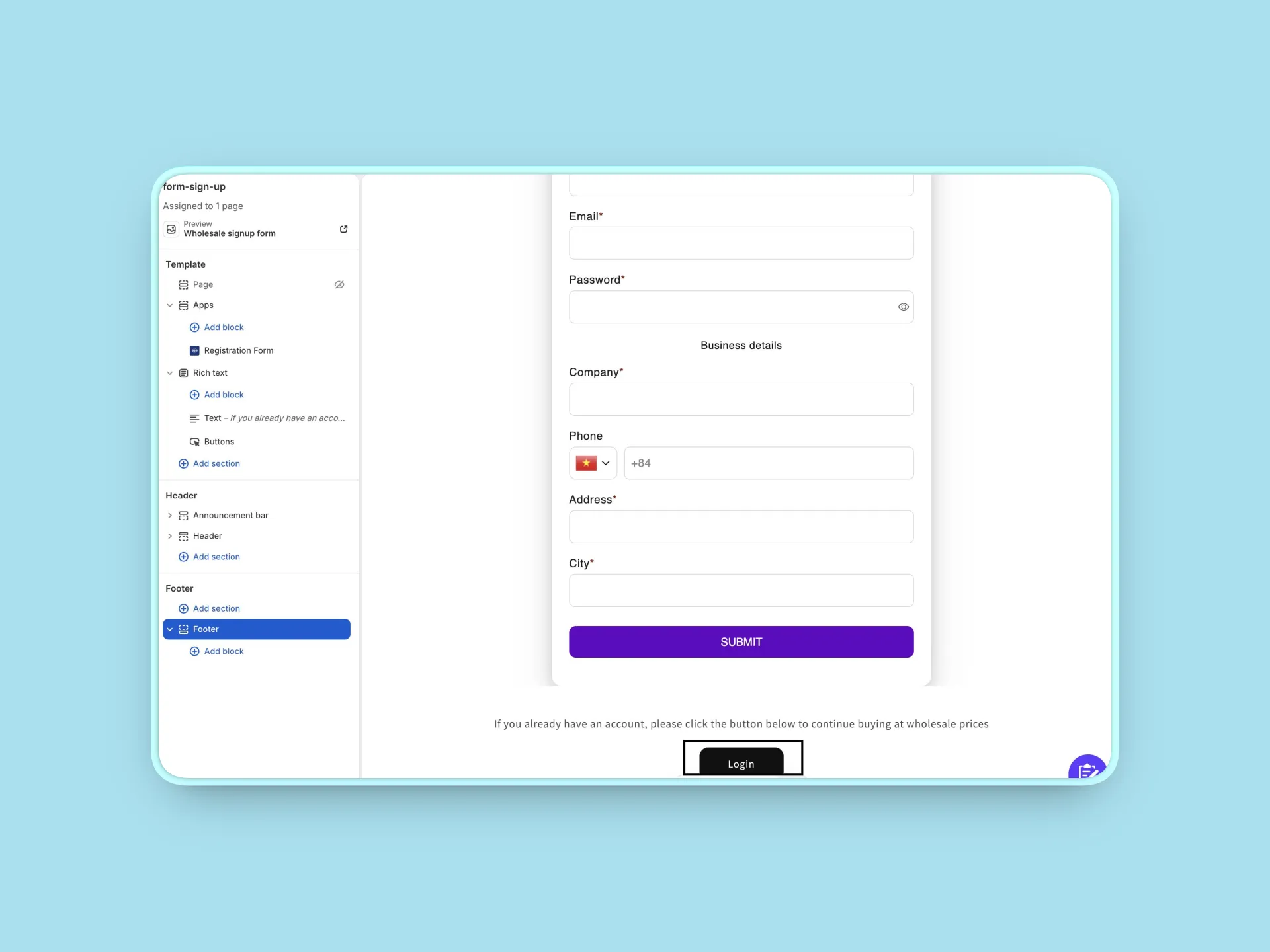 Recommended B2B-only journey: new buyers submit the wholesale form, while existing approved customers use the Login button on the same page.