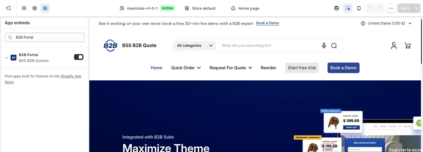 Theme editor, App embeds: the B2B Portal embed (BSS B2B Quotes) switched on
