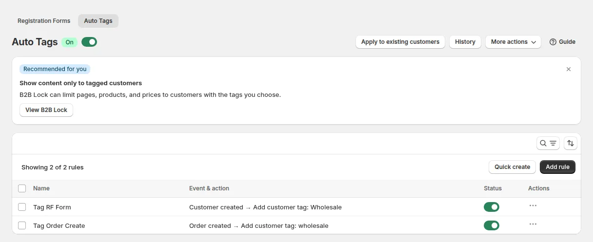 Auto Tags page with the module on and two rules