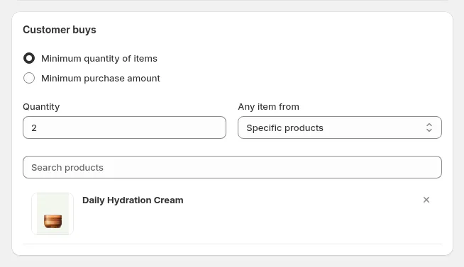 Customer buys card: minimum quantity of items from specific products