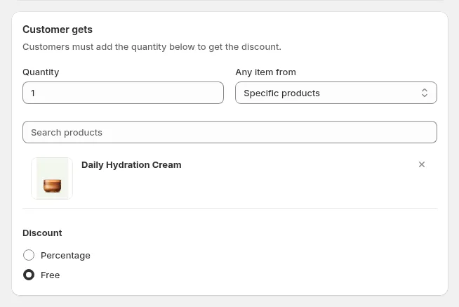Customer gets card: 1 Daily Hydration Cream, free