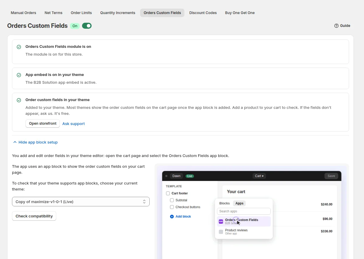 Orders Custom Fields page: module on, app embed on, and the app block check with app block setup steps