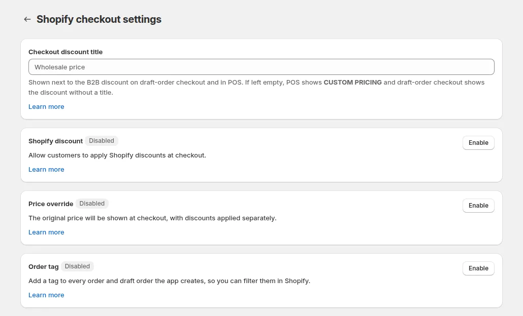 Shopify checkout settings page in Settings, with the Price override option