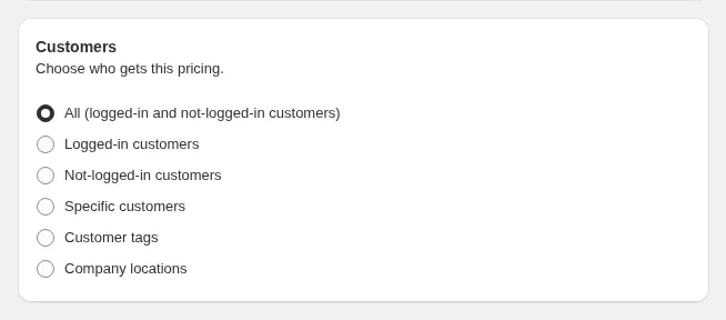 Customers card with the six targeting options