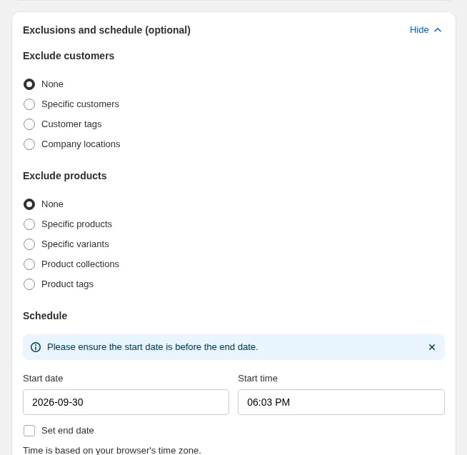 Exclusions and schedule card: Exclude customers, Exclude products and Schedule