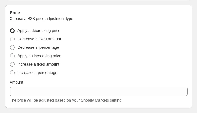 Price card with the six B2B price adjustment types and the Amount field