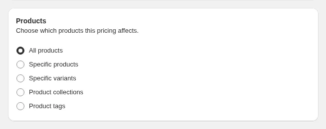 Products card with the product targeting options