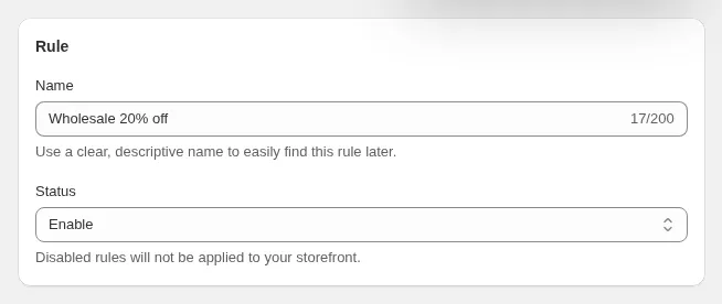 Rule card with the rule name and status