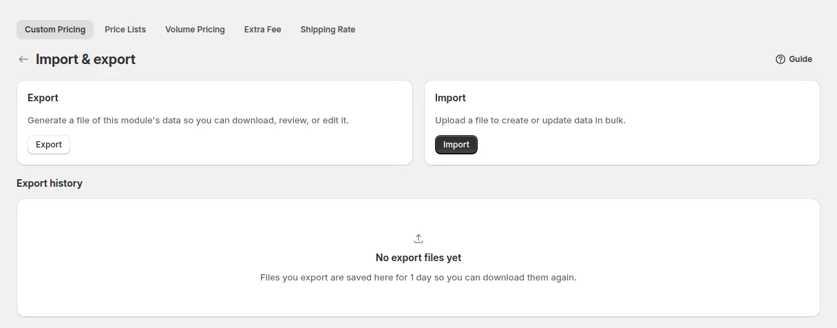 Import & export page with the Export and Import cards and the Export history section