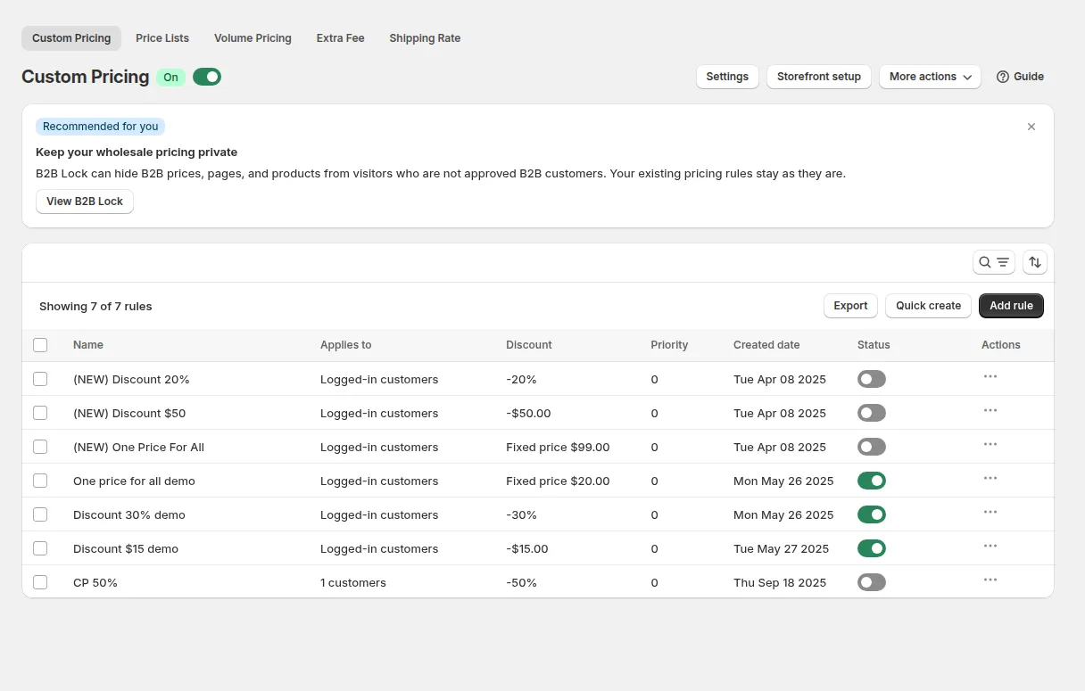 Custom Pricing page with the module switched on and the list of rules, with Export, Quick create and Add rule