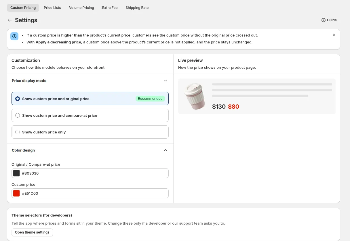 Custom Pricing Settings: Price display mode, Color design and the Live preview