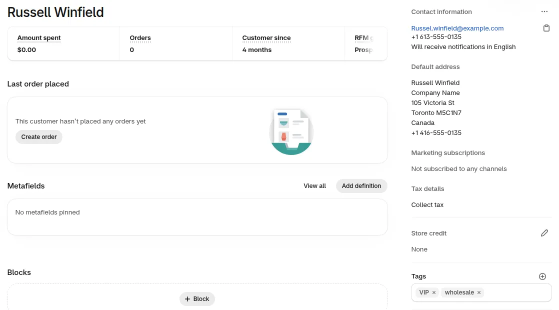 Shopify customer page with the tags VIP and wholesale in the Tags box