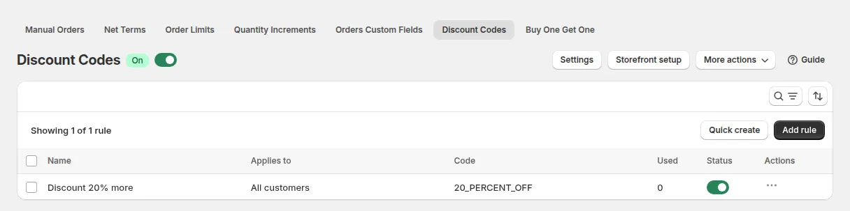 Discount Codes page with one rule, code 20_PERCENT_OFF