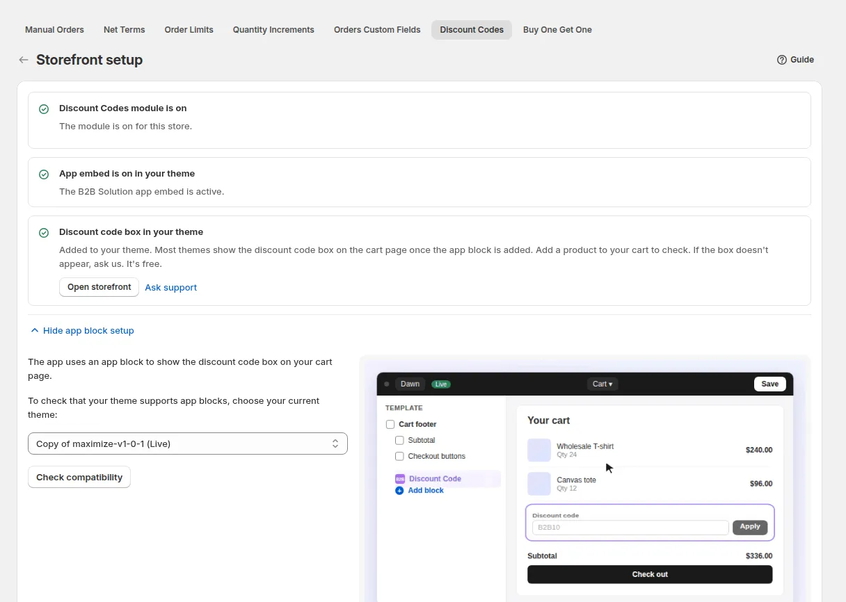 Storefront setup for Discount Codes: module on, app embed on, and the discount code box check with app block setup