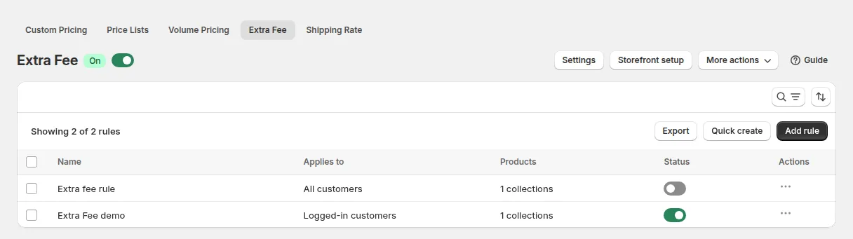 Extra Fee page with the module on and two rules