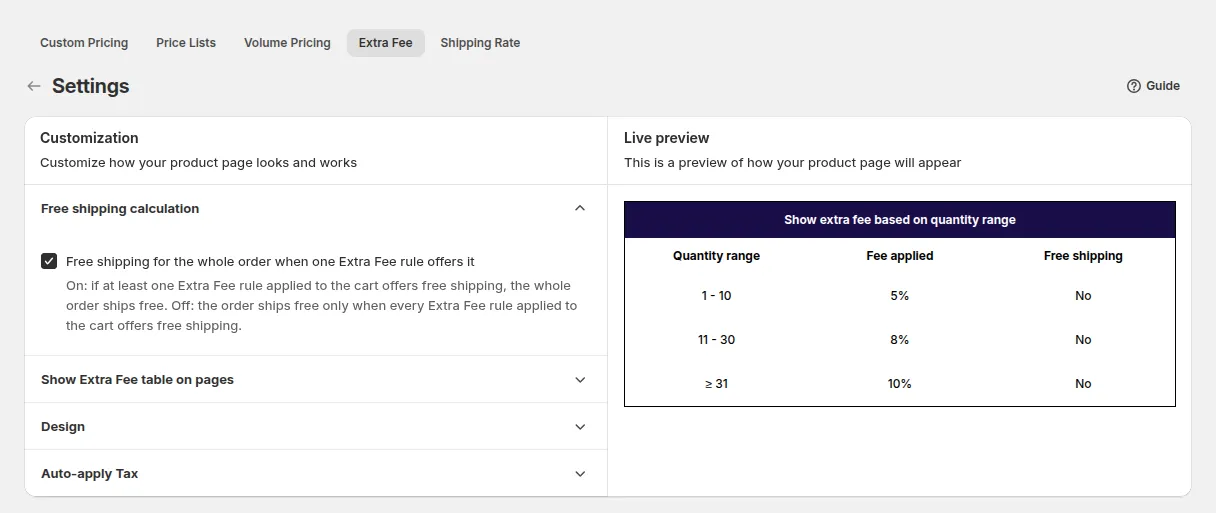 Extra Fee Settings: Free shipping calculation, Show Extra Fee table on pages, Design and Auto-apply Tax, with a live preview