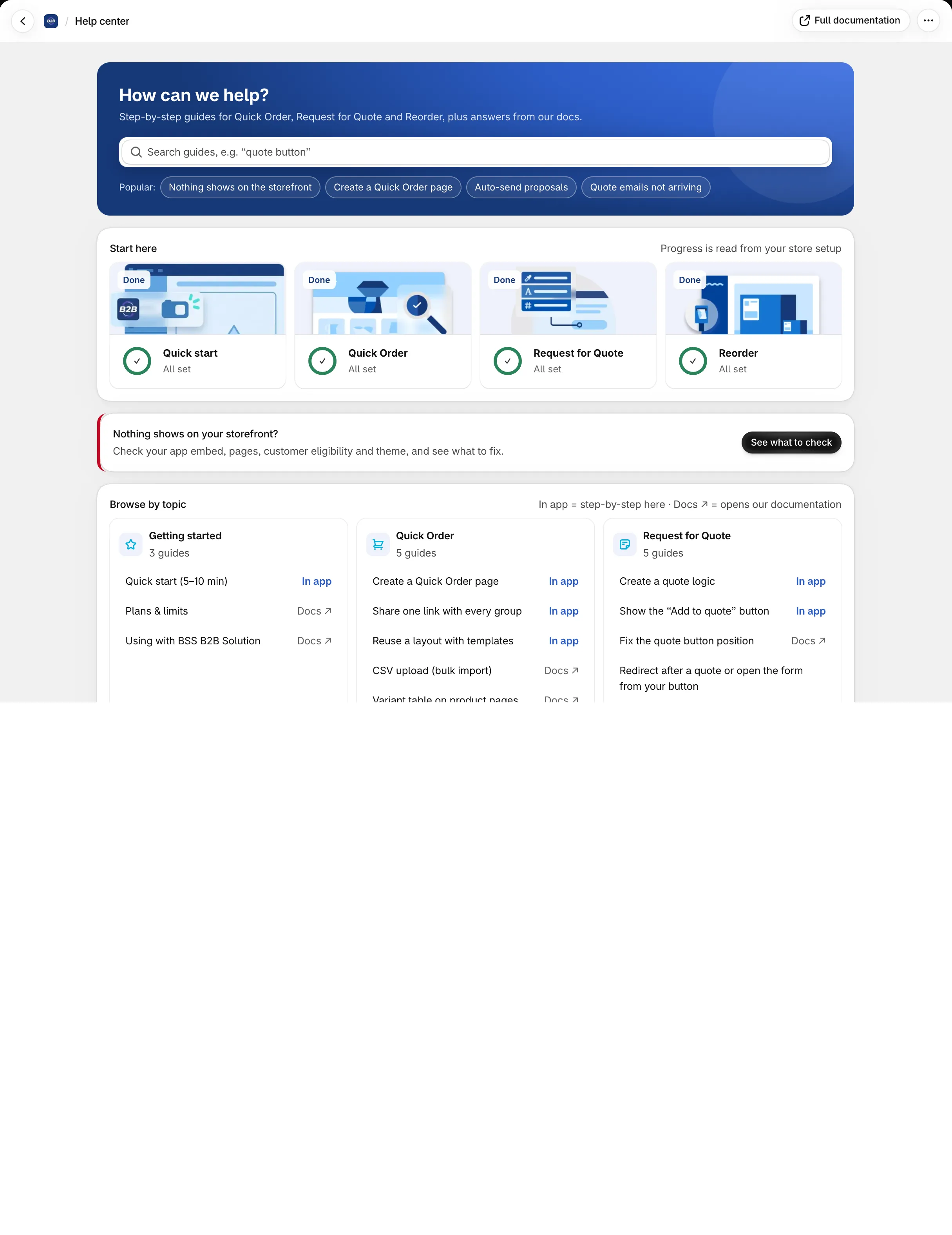 Help center: How can we help? with a search box, popular guides, Start here with the Quick start, Quick Order, Request for Quote and Reorder journeys, and Nothing shows on your storefront? with See what to check