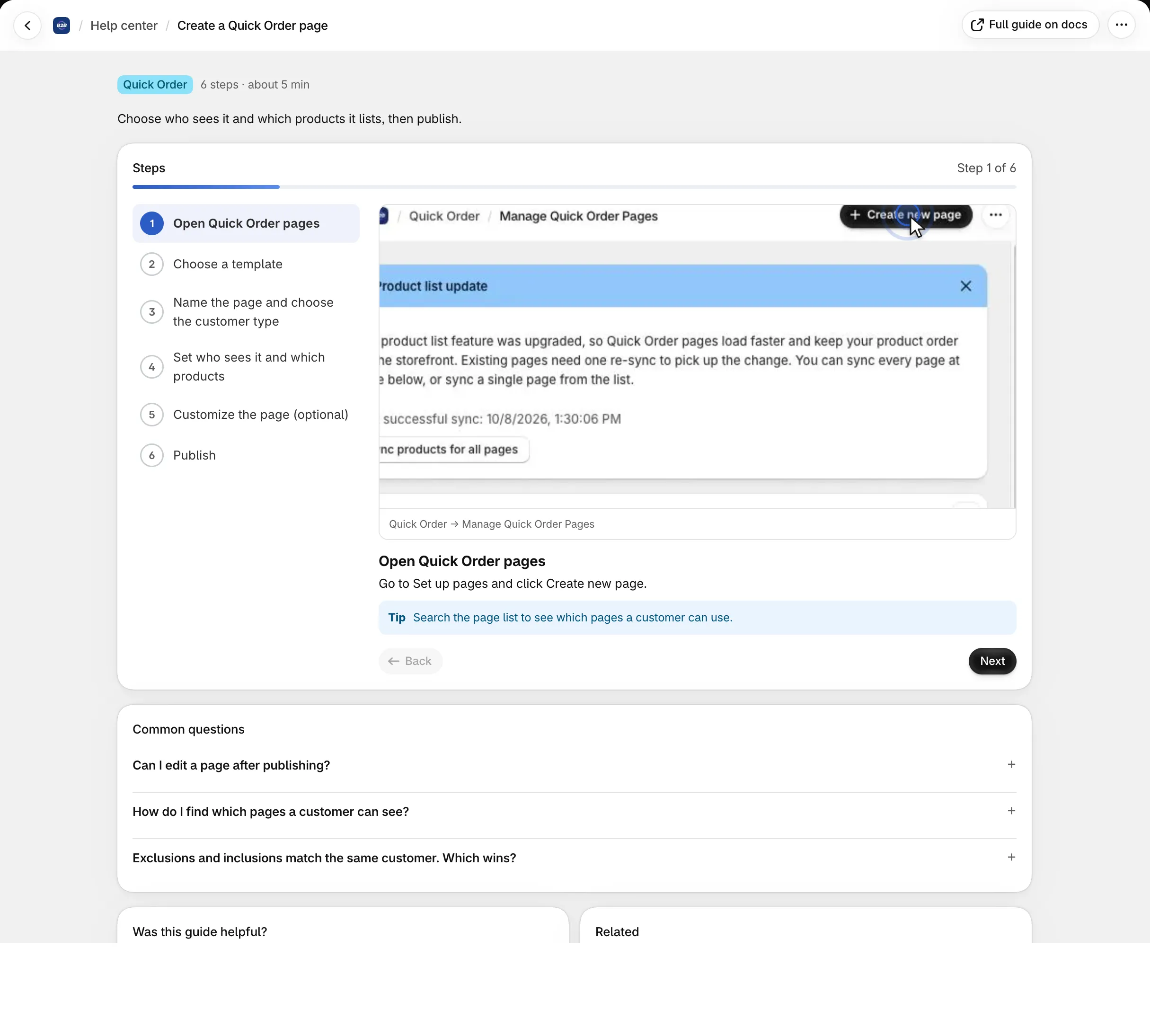 Guide Create a Quick Order page at step 6 of 6 (Publish): the Steps list on the left, a real screenshot of the step, Back, Show me and Create a Quick Order page, and Common questions below
