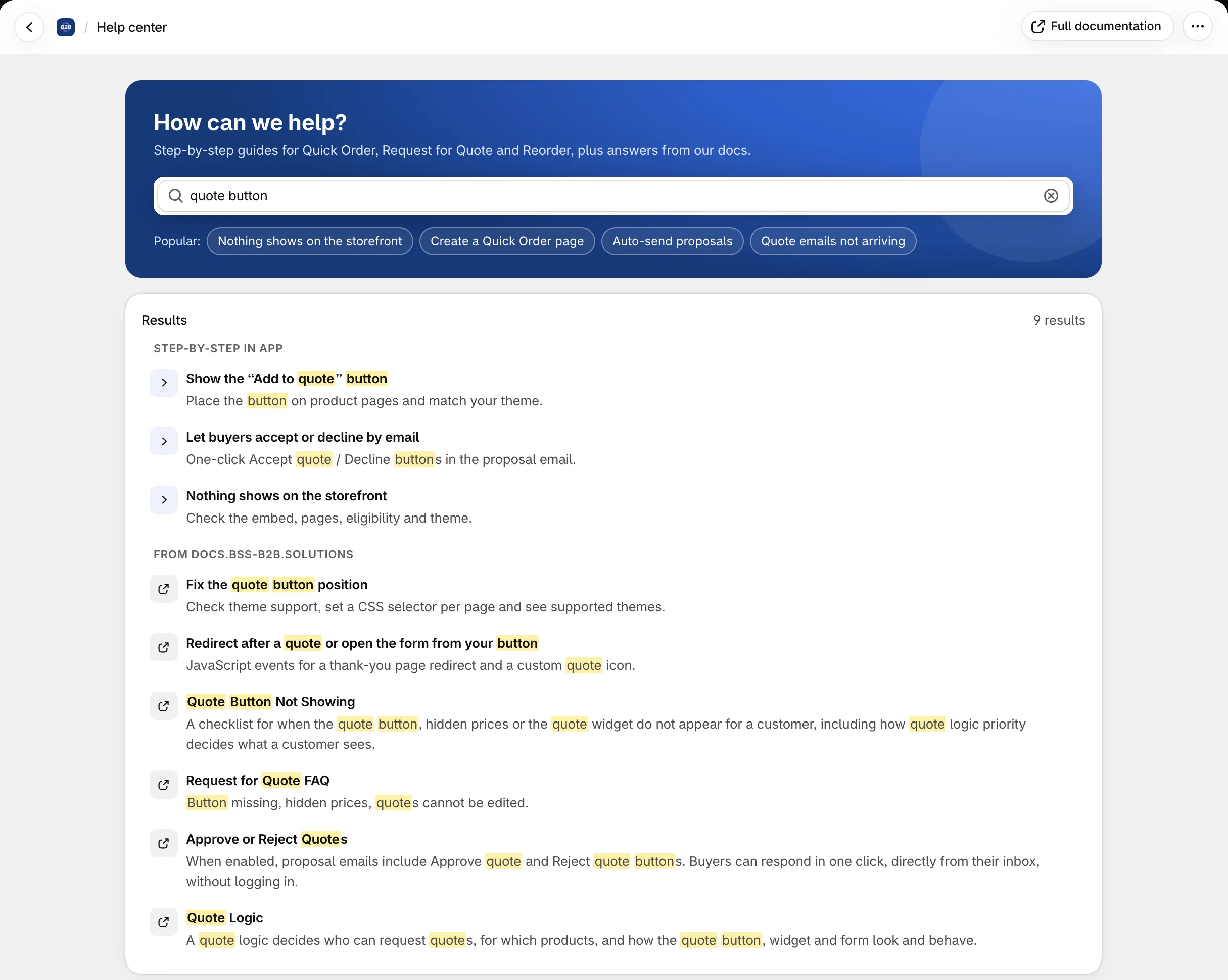 Help center search for quote button: Results with Step-by-step in app guides and articles From docs.bss-b2b.solutions, with the matching words highlighted